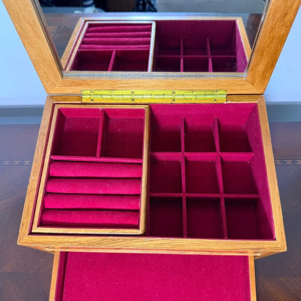 Vintage Burl Wood Jewelry Box Mirror Top Drawer Velvet Lined Trinket Organizer